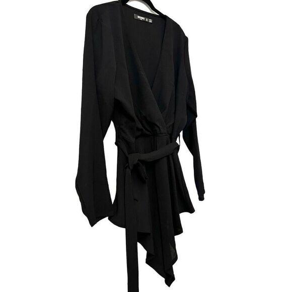 Missguided Asymmetric Hem Long Sleeve Belted Wrap Over Blouse Black Size 12 - Picture 4 of 7